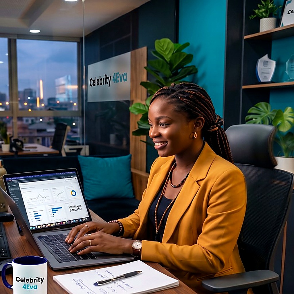 Celebrity4Eva Digital Marketing and Account Growth Consultant analyzing client performance analytics in a modern office